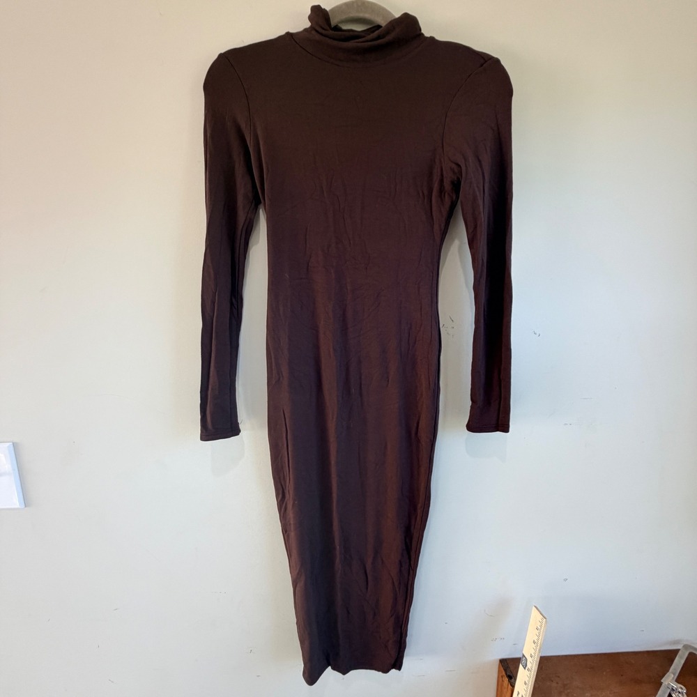 Naked Wardrobe Turtleneck Midi Dress Women S Brown Stretch Minimal Sculpting
